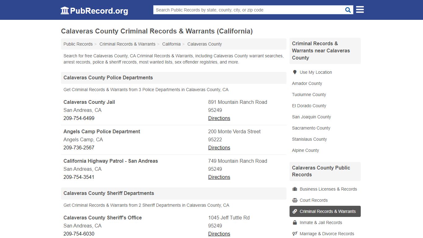 Calaveras County Criminal Records & Warrants (California)